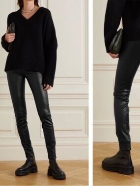 The Row Lambskin Leather Leggings in Dark Green Size XS